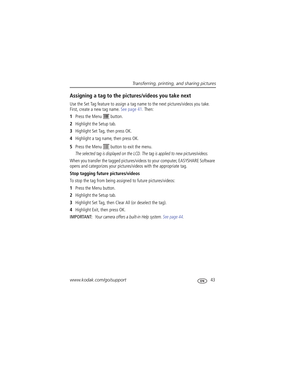 Stop tagging future pictures/videos | Kodak Z950 User Manual | Page 49 / 72