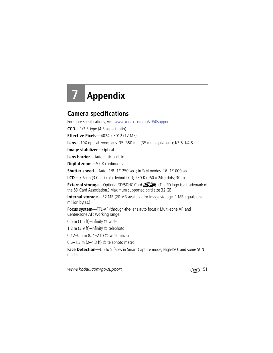 Appendix, Camera specifications, 7 appendix | Kodak Z950 User Manual | Page 57 / 72