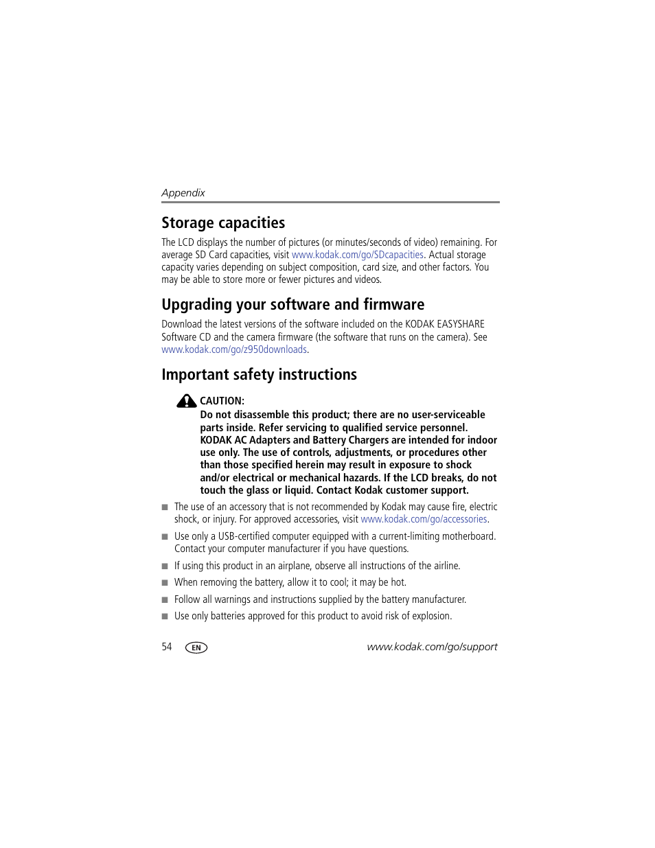 Storage capacities, Upgrading your software and firmware, Important safety instructions | Kodak Z950 User Manual | Page 60 / 72