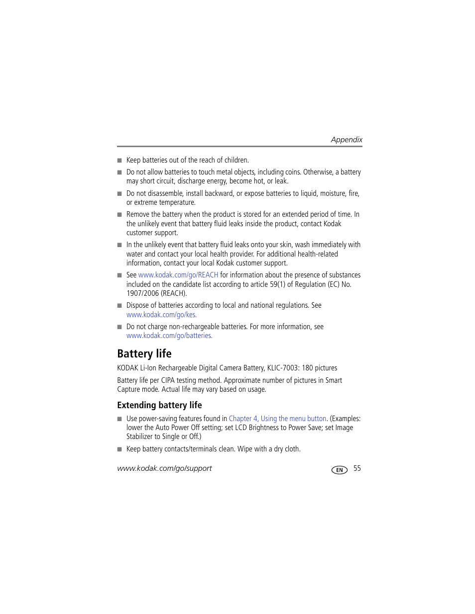 Battery life, Extending battery life | Kodak Z950 User Manual | Page 61 / 72