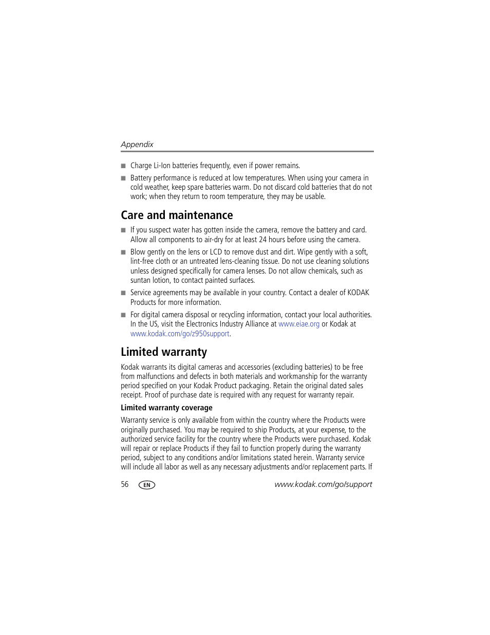 Care and maintenance, Limited warranty, Care and maintenance limited warranty | E lens | Kodak Z950 User Manual | Page 62 / 72