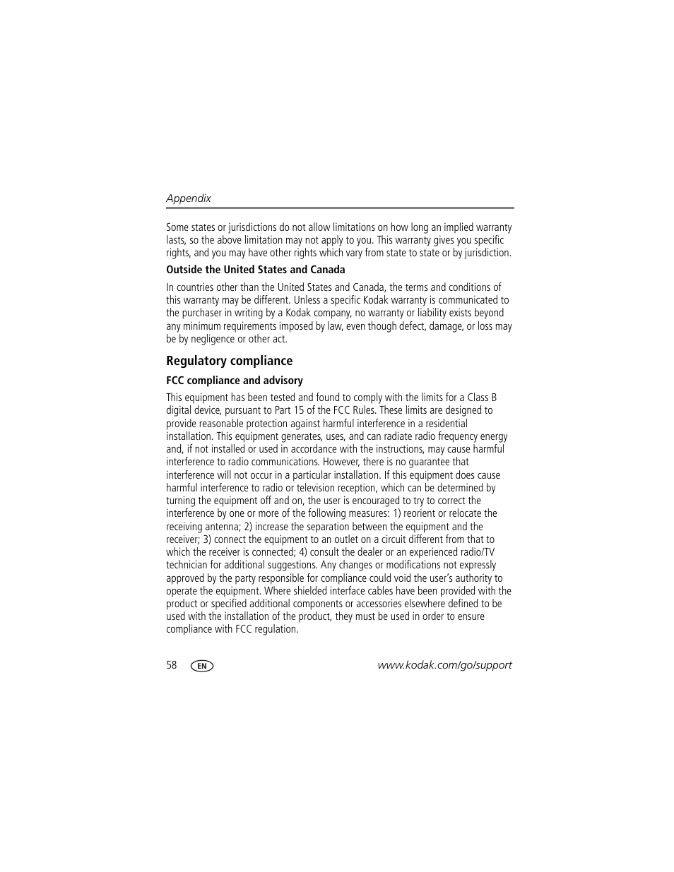 Regulatory compliance, Fcc compliance and advisory | Kodak Z950 User Manual | Page 64 / 72