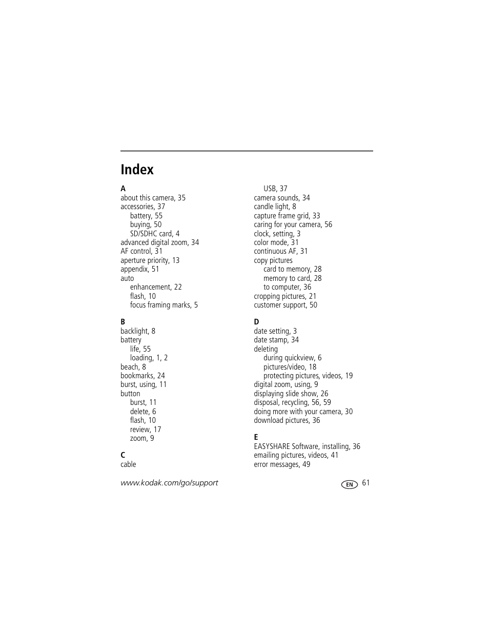 Index | Kodak Z950 User Manual | Page 67 / 72