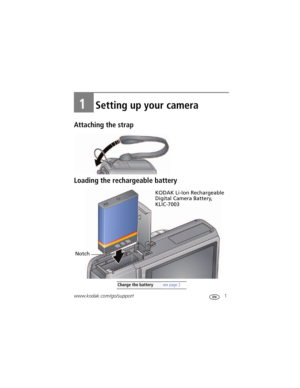 Setting up your camera, Attaching the strap, Loading the rechargeable battery | 1 setting up your camera | Kodak Z950 User Manual | Page 7 / 72