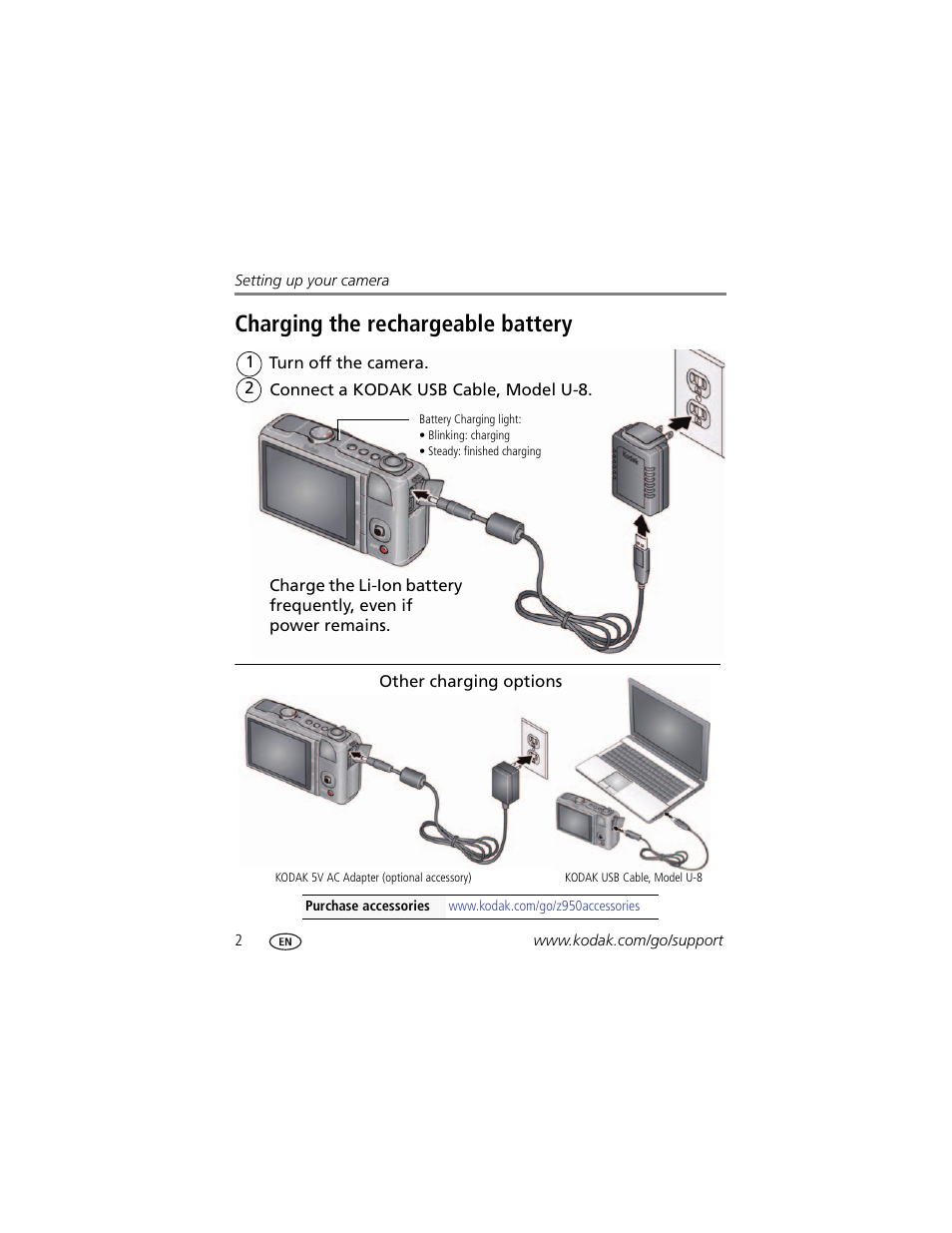 Charging the rechargeable battery | Kodak Z950 User Manual | Page 8 / 72