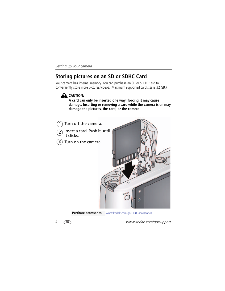 Storing pictures on an sd or sdhc card | Kodak CD83 User Manual | Page 10 / 64