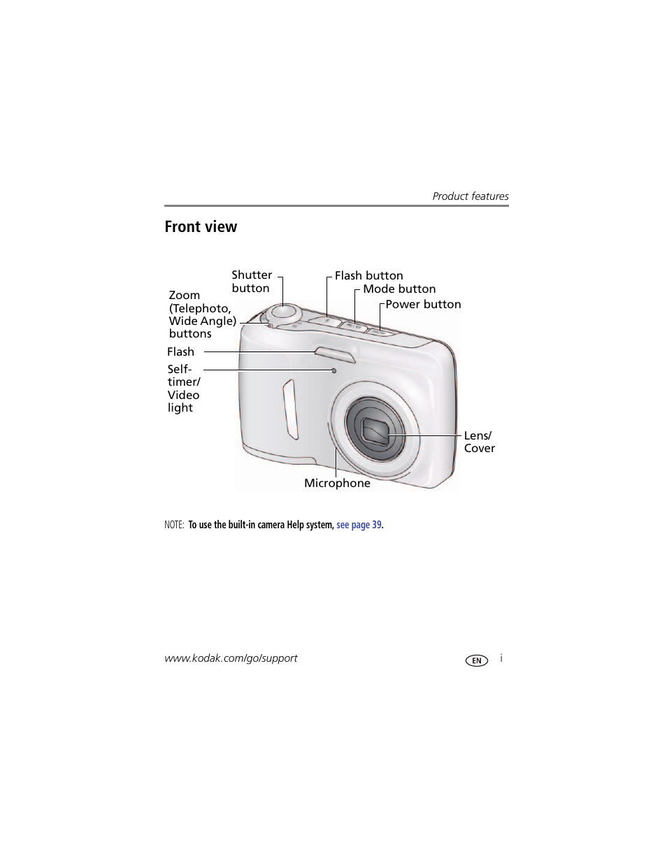 Product features, Front view | Kodak CD83 User Manual | Page 3 / 64