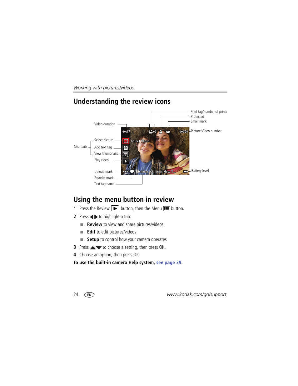 Understanding the review icons, Using the menu button in review | Kodak CD83 User Manual | Page 30 / 64