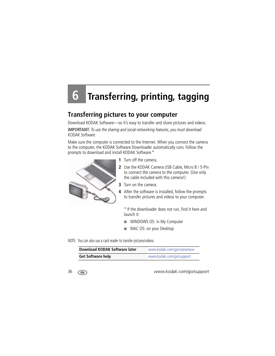 Transferring, printing, tagging, Transferring pictures to your computer, 6 transferring, printing, tagging | Kodak CD83 User Manual | Page 42 / 64