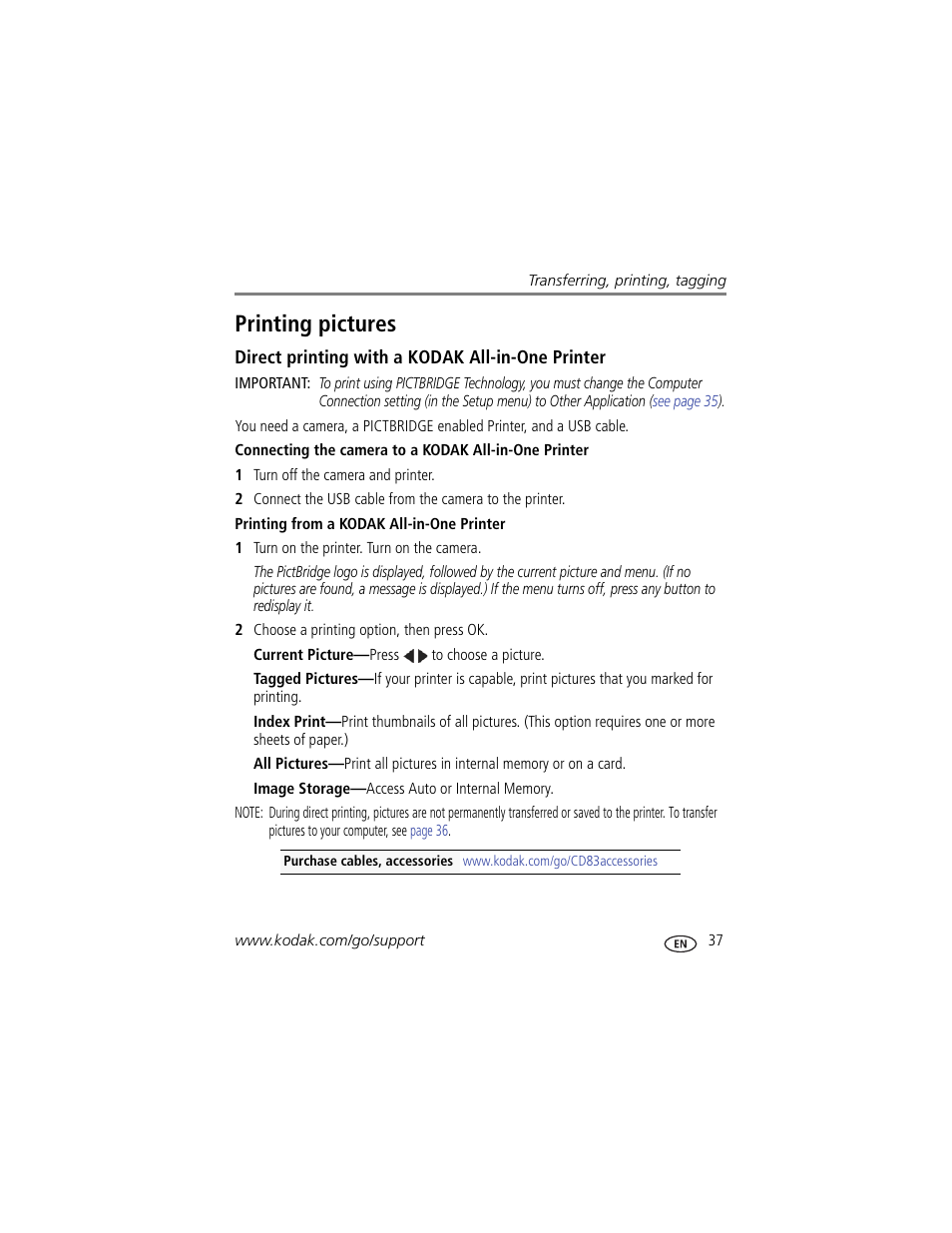 Printing pictures, Direct printing with a kodak all-in-one printer, Printing from a kodak all-in-one printer | Kodak CD83 User Manual | Page 43 / 64