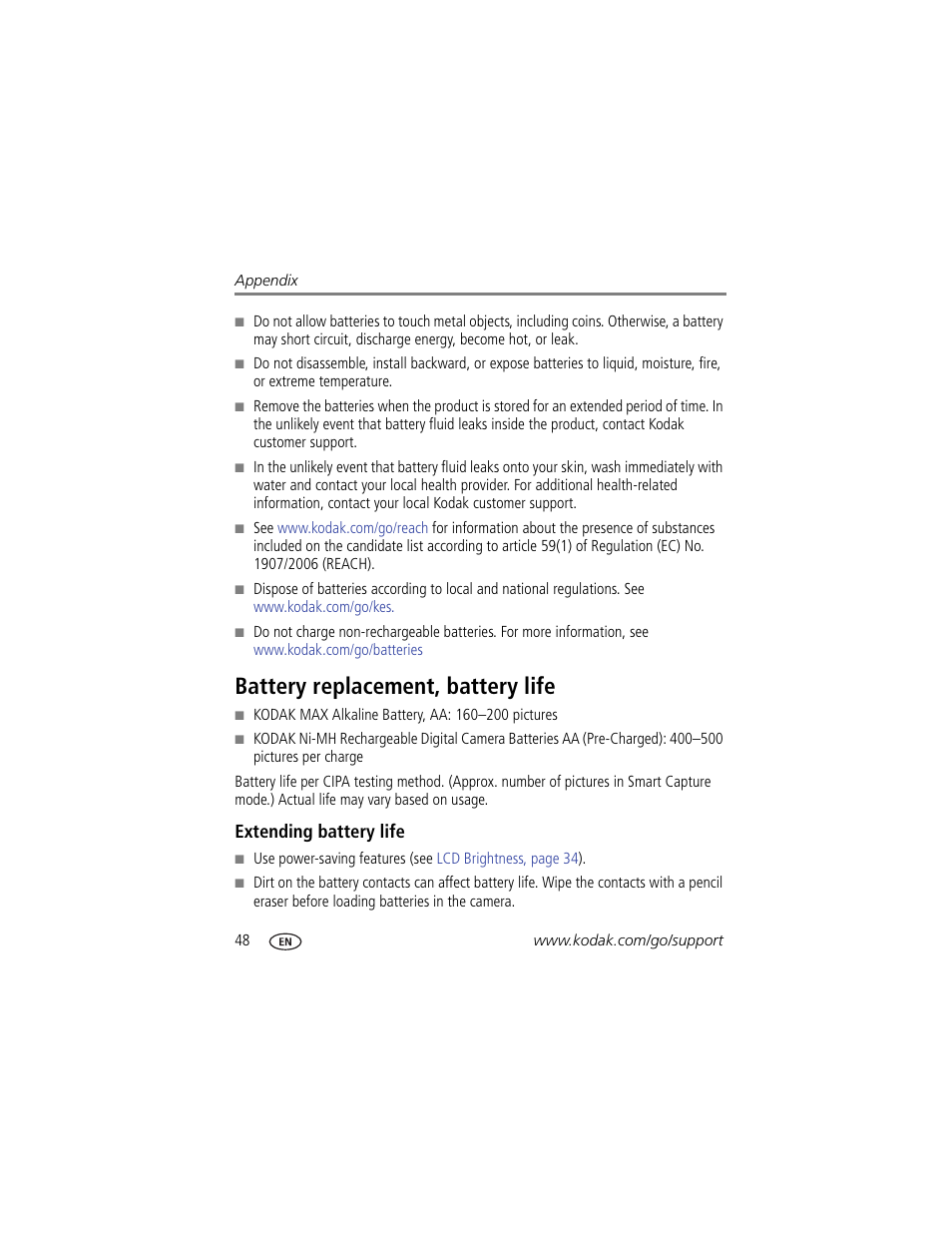 Battery replacement, battery life, Extending battery life | Kodak CD83 User Manual | Page 54 / 64