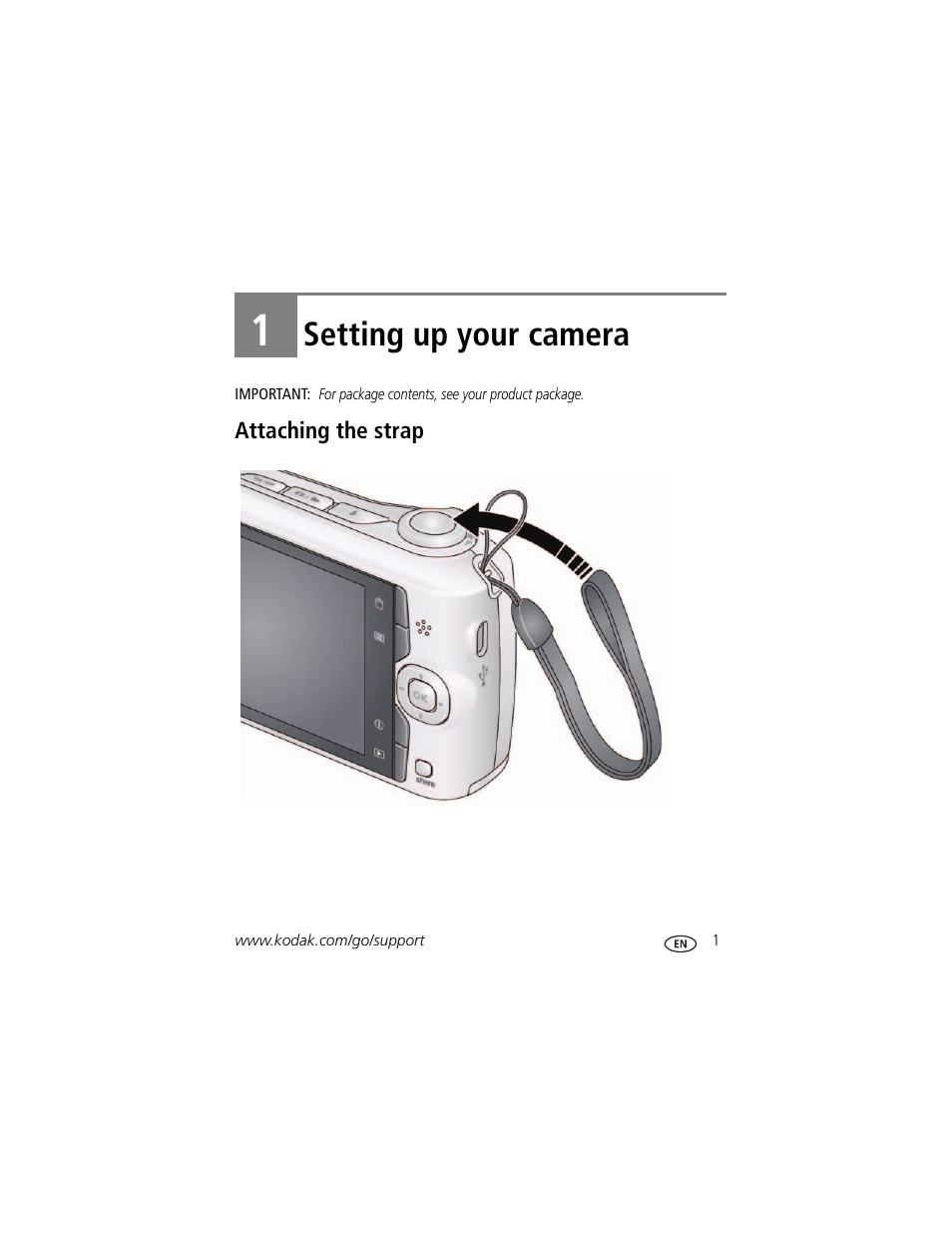 Setting up your camera, Attaching the strap, 1 setting up your camera | Kodak CD83 User Manual | Page 7 / 64