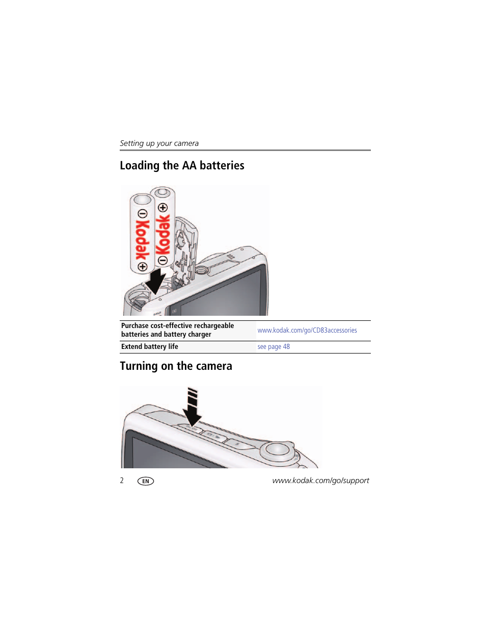 Loading the aa batteries, Turning on the camera, Loading the aa batteries turning on the camera | Kodak CD83 User Manual | Page 8 / 64