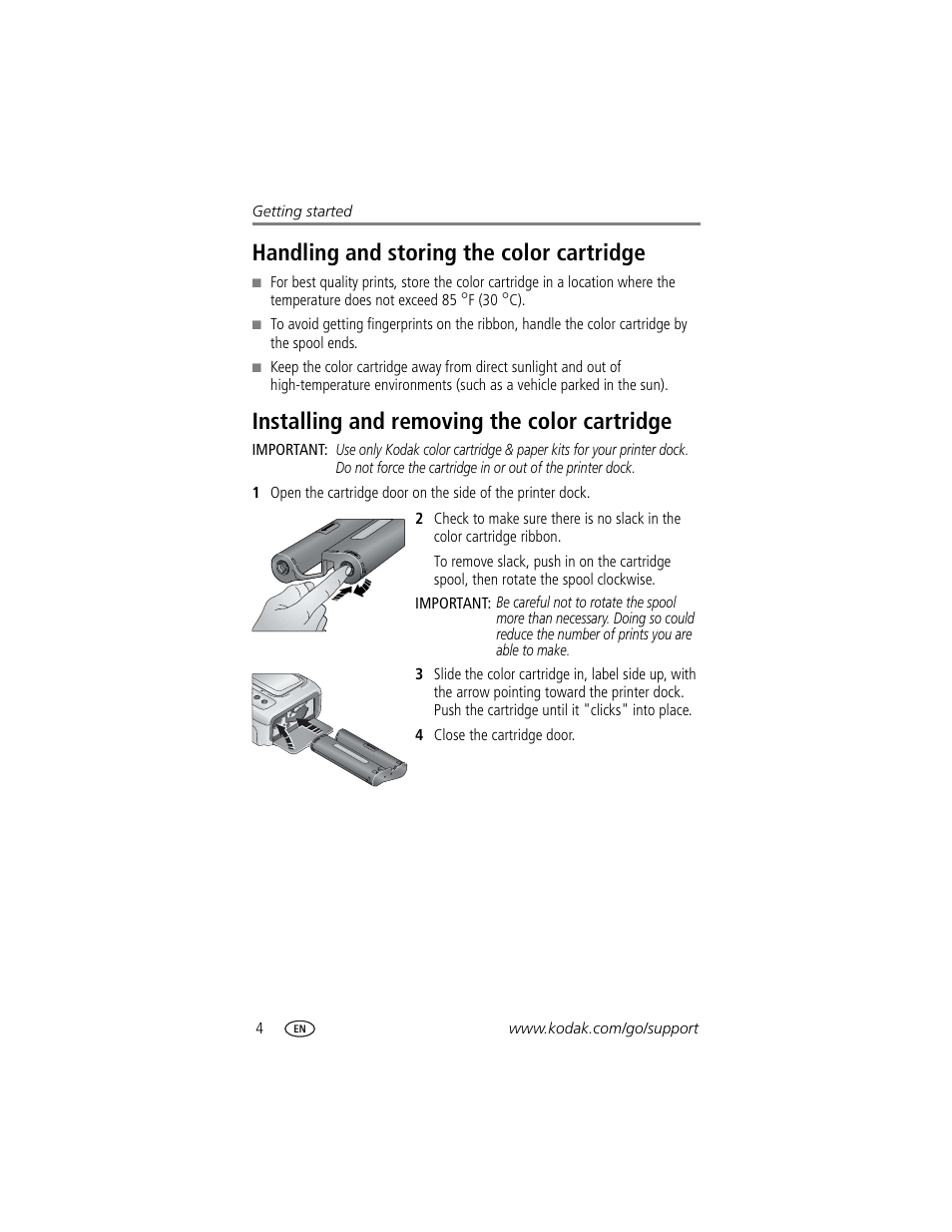 Handling and storing the color cartridge, Installing and removing the color cartridge | Kodak Printer Dock Plus User Manual | Page 10 / 66