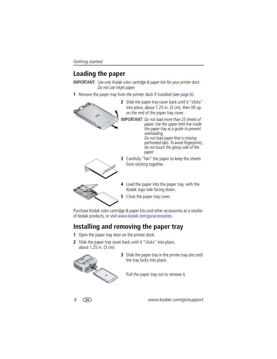 Loading the paper, Installing and removing the paper tray | Kodak Printer Dock Plus User Manual | Page 12 / 66