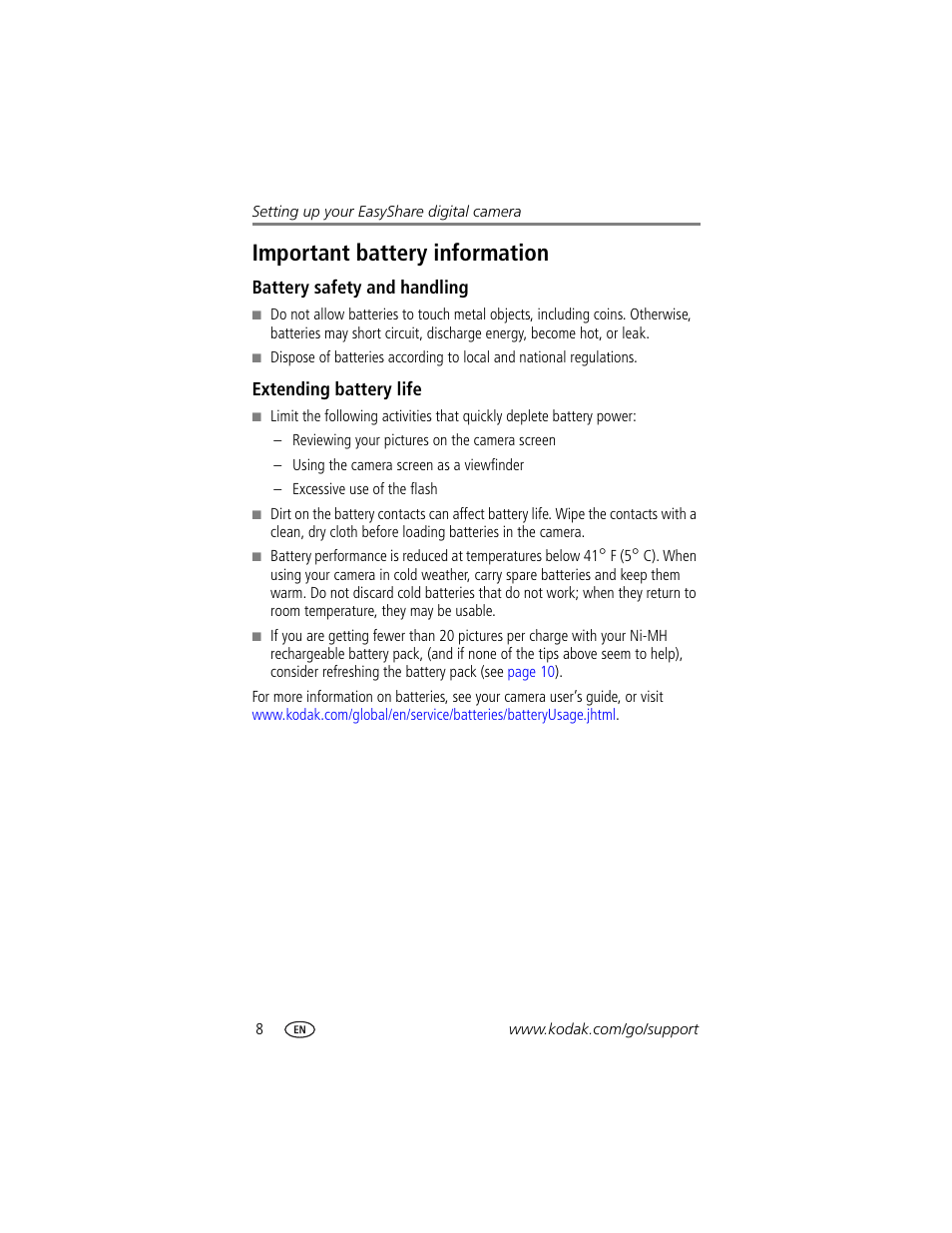 Important battery information, Battery safety and handling, Extending battery life | Kodak Printer Dock Plus User Manual | Page 14 / 66