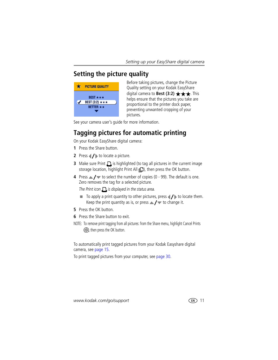 Setting the picture quality, Tagging pictures for automatic printing | Kodak Printer Dock Plus User Manual | Page 17 / 66