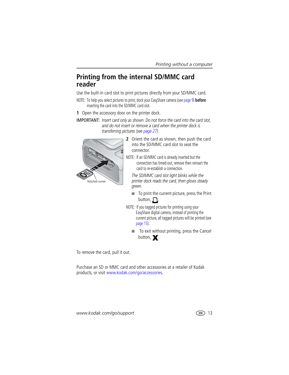 Printing from the internal sd/mmc card reader | Kodak Printer Dock Plus User Manual | Page 19 / 66