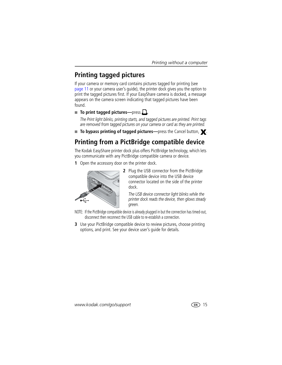 Printing tagged pictures, Printing from a pictbridge compatible device | Kodak Printer Dock Plus User Manual | Page 21 / 66