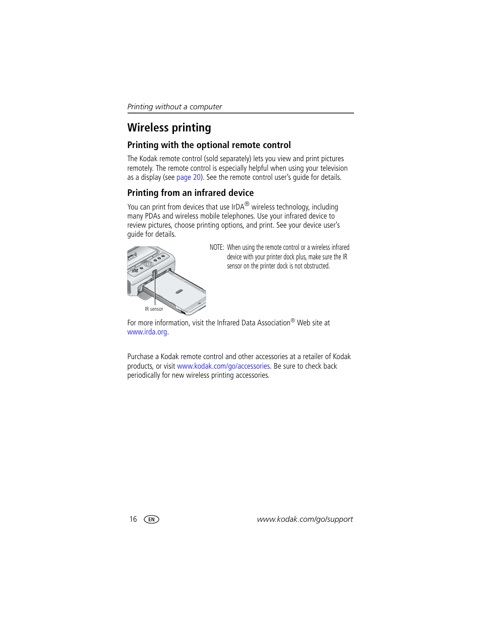 Wireless printing, Printing with the optional remote control, Printing from an infrared device | Kodak Printer Dock Plus User Manual | Page 22 / 66