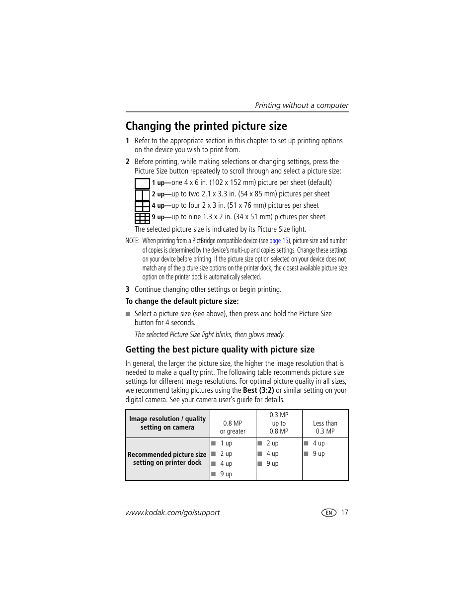Changing the printed picture size, Getting the best picture quality with picture size | Kodak Printer Dock Plus User Manual | Page 23 / 66