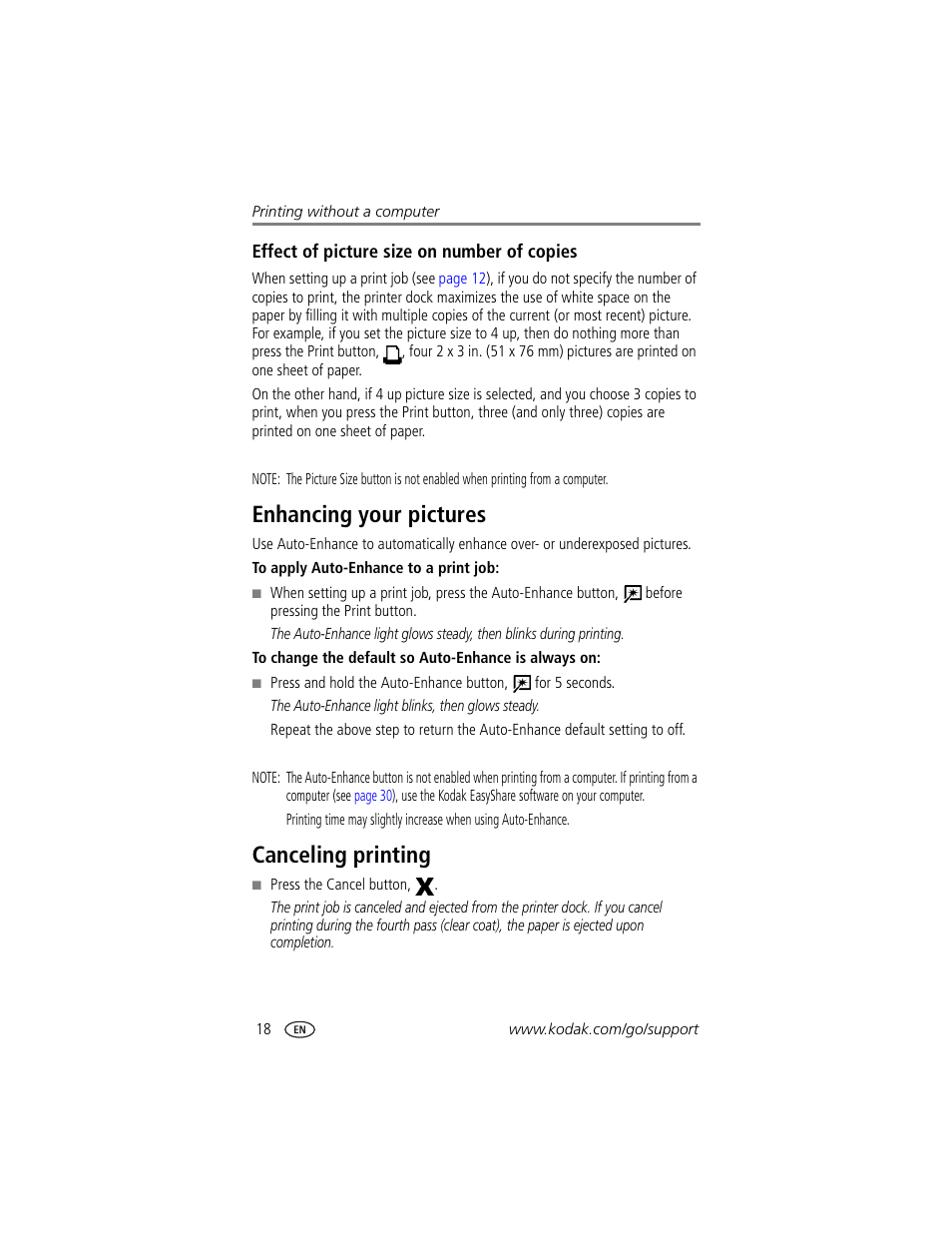 Effect of picture size on number of copies, Enhancing your pictures, Canceling printing | Enhancing your pictures canceling printing | Kodak Printer Dock Plus User Manual | Page 24 / 66