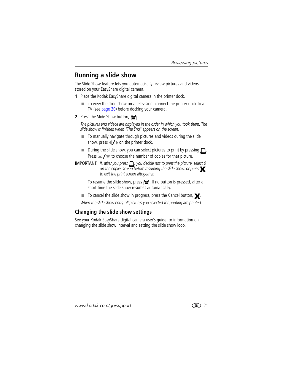 Running a slide show, Changing the slide show settings | Kodak Printer Dock Plus User Manual | Page 27 / 66