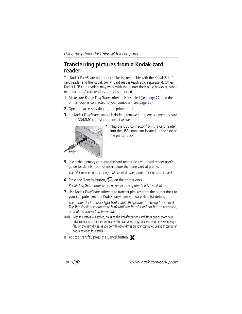 Transferring pictures from a kodak card reader | Kodak Printer Dock Plus User Manual | Page 34 / 66