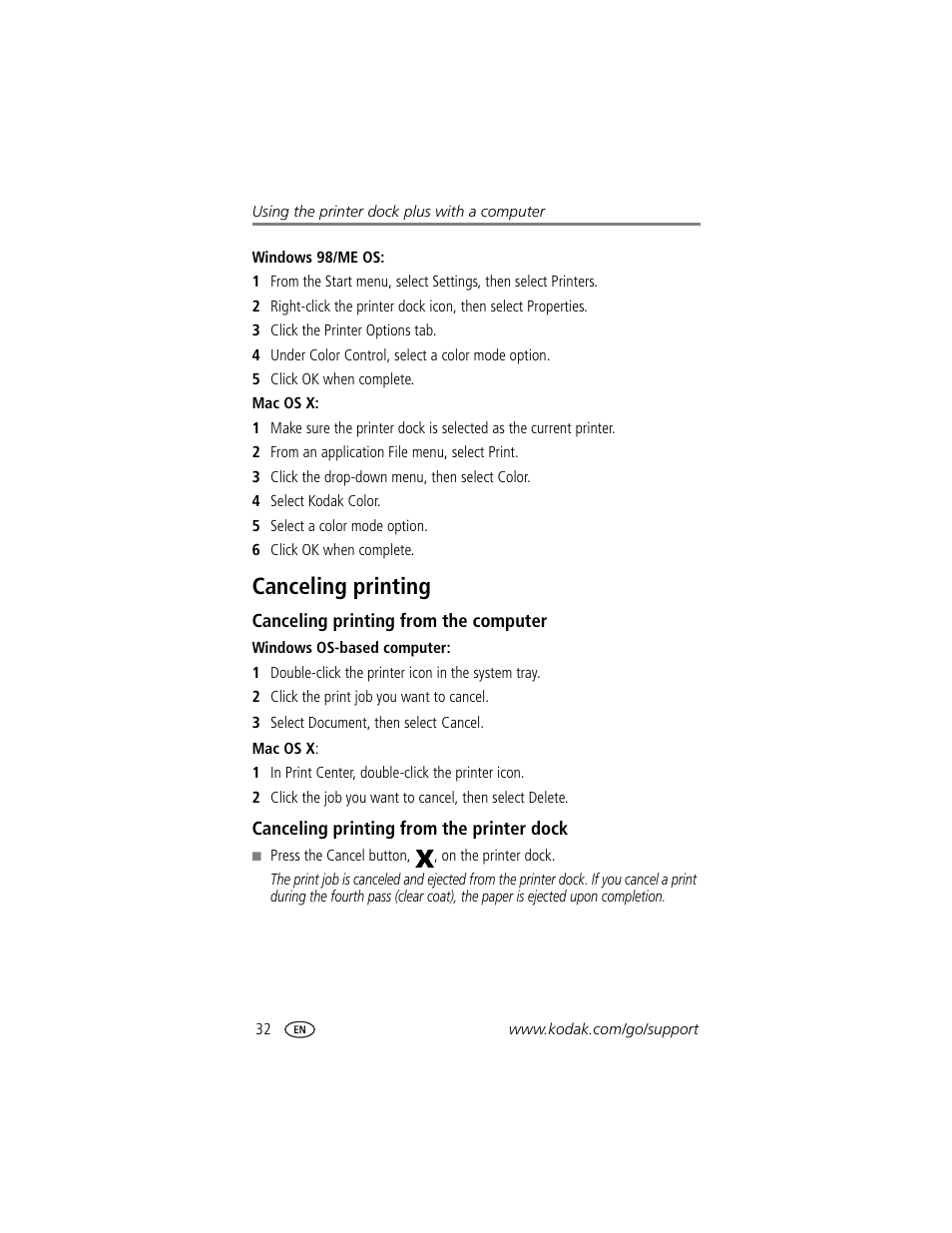 Canceling printing, Canceling printing from the computer, Canceling printing from the printer dock | Kodak Printer Dock Plus User Manual | Page 38 / 66