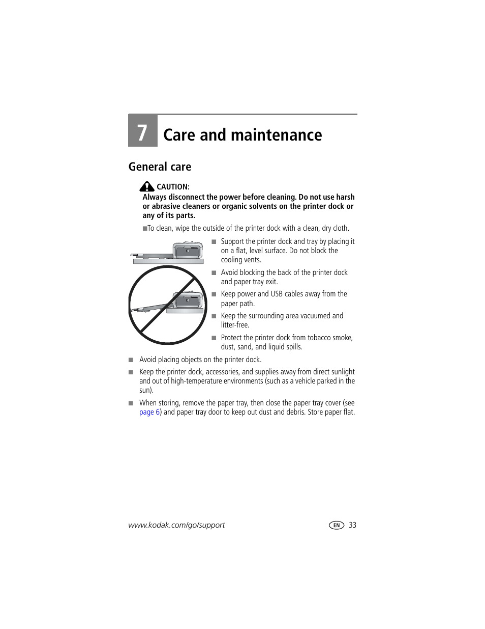 7 care and maintenance, General care, Care and maintenance | Kodak Printer Dock Plus User Manual | Page 39 / 66