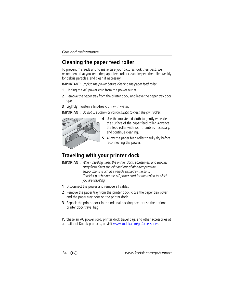 Cleaning the paper feed roller, Traveling with your printer dock | Kodak Printer Dock Plus User Manual | Page 40 / 66