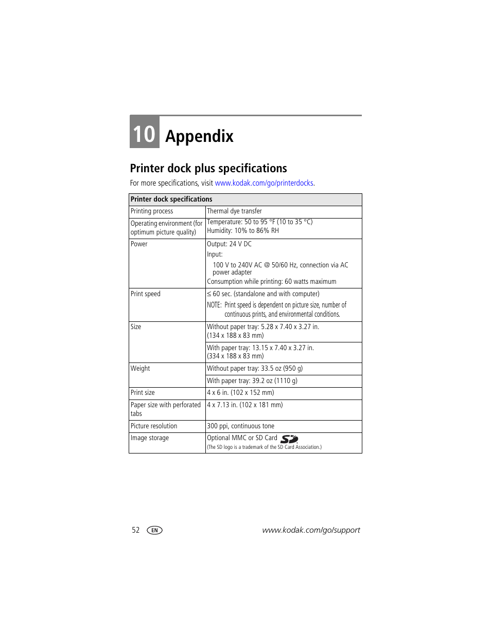 10 appendix, Printer dock plus specifications, Appendix | Kodak Printer Dock Plus User Manual | Page 58 / 66