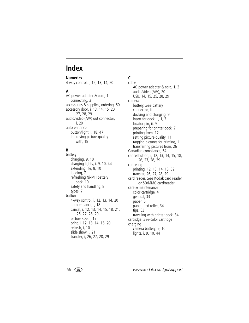 Index | Kodak Printer Dock Plus User Manual | Page 62 / 66