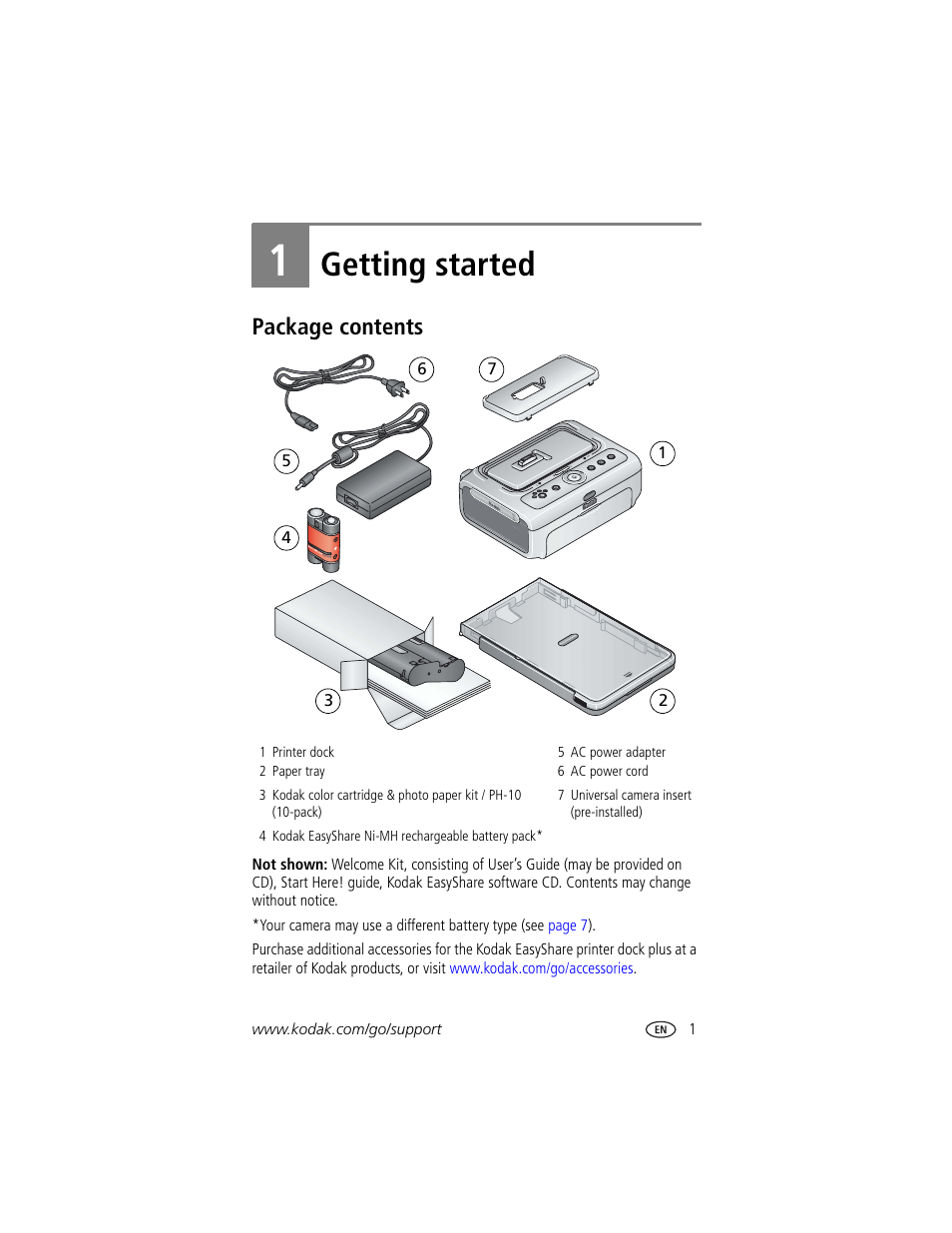 1 getting started, Package contents, Getting started | Kodak Printer Dock Plus User Manual | Page 7 / 66