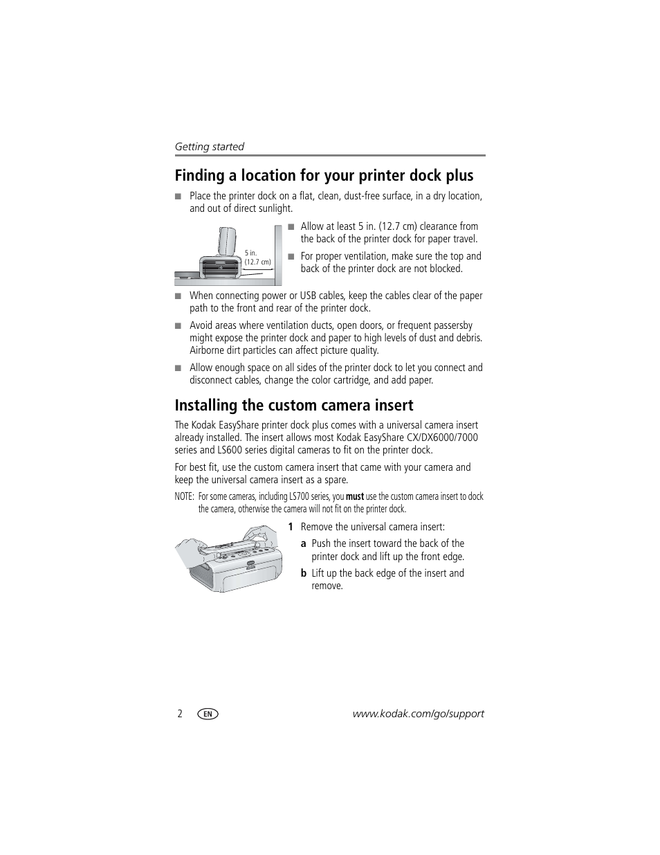 Finding a location for your printer dock plus, Installing the custom camera insert | Kodak Printer Dock Plus User Manual | Page 8 / 66