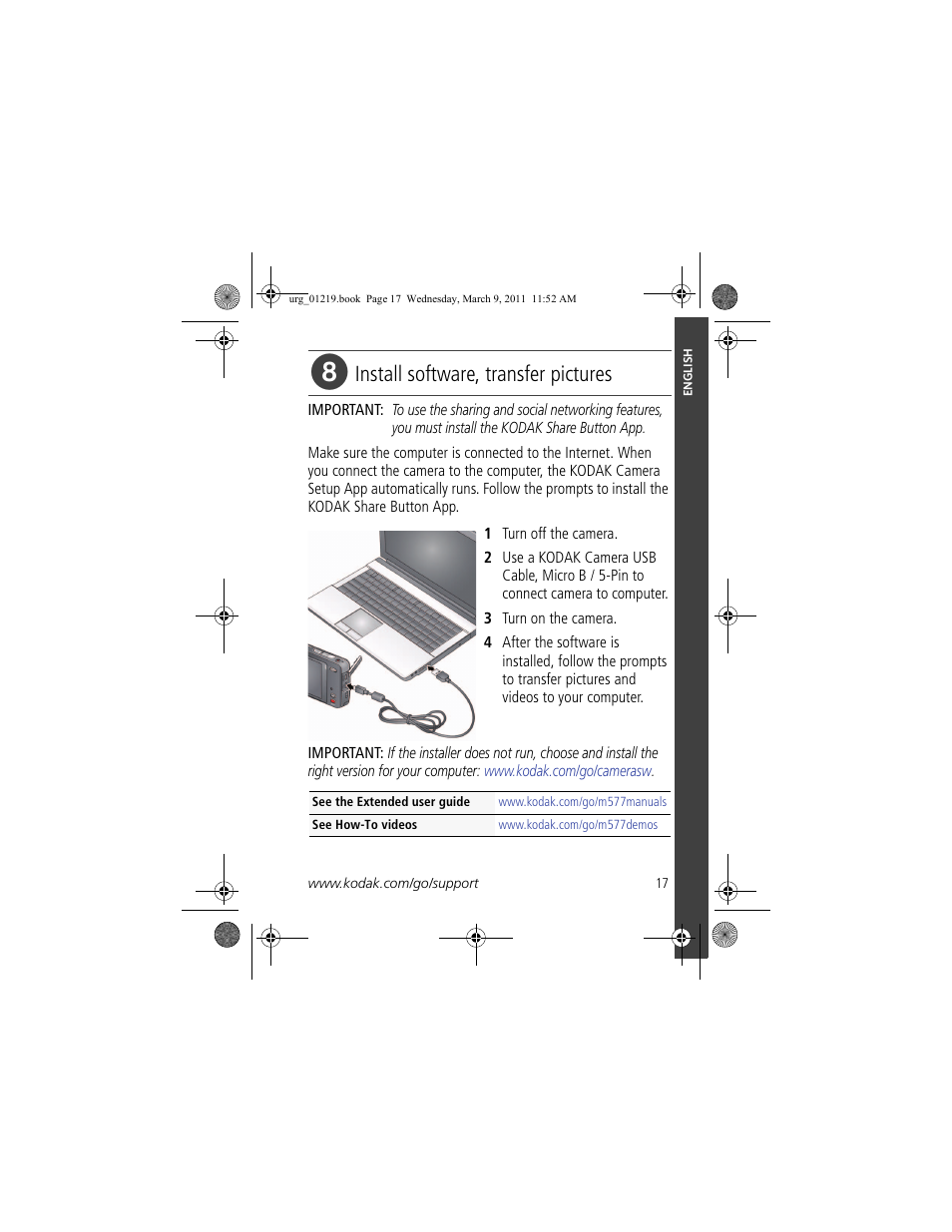 Install software, transfer pictures | Kodak TOUCH M577 User Manual | Page 17 / 28