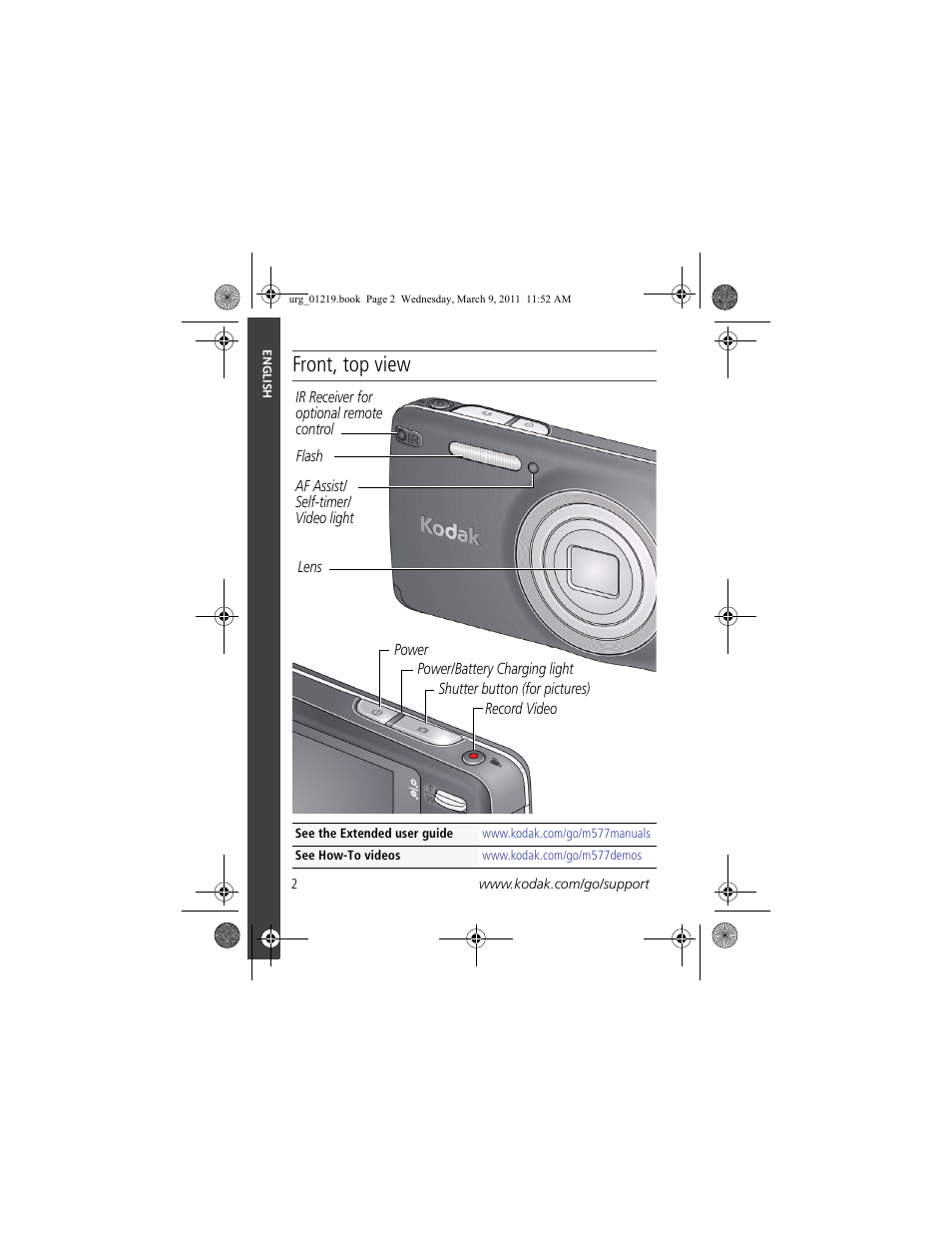 Product views, Front, top view | Kodak TOUCH M577 User Manual | Page 2 / 28