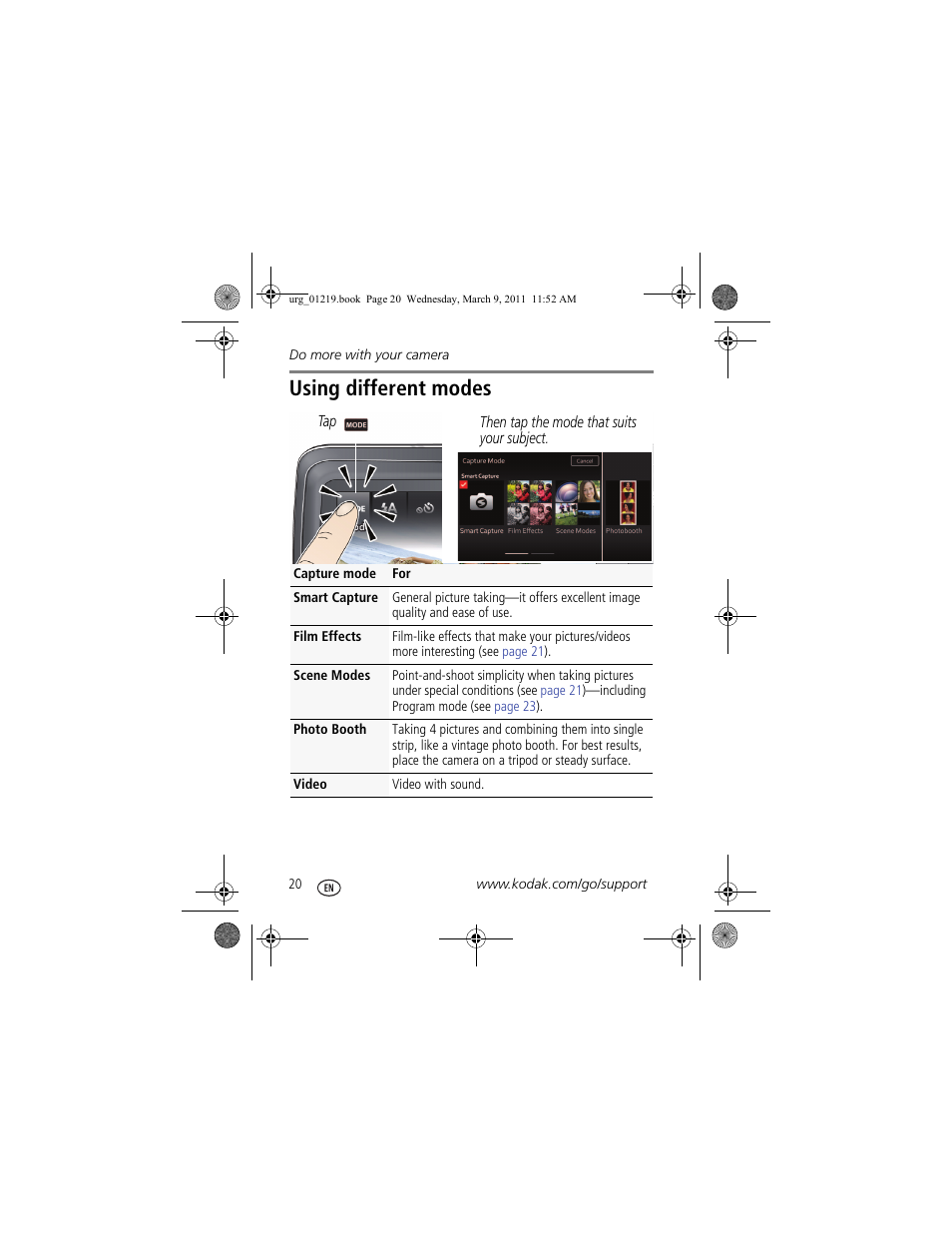 Using different modes | Kodak TOUCH M577 User Manual | Page 20 / 28