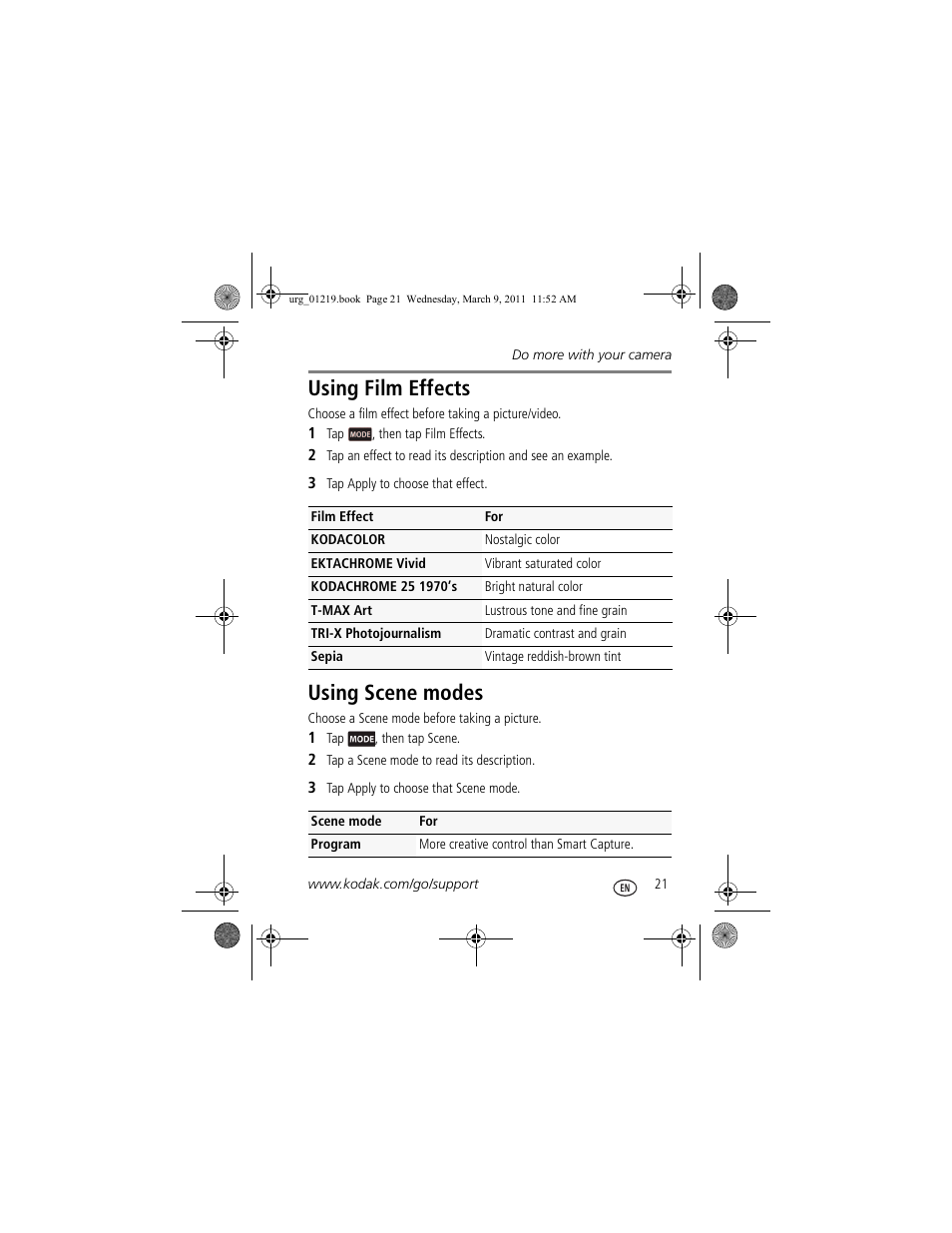 Using scene modes, Using film effects | Kodak TOUCH M577 User Manual | Page 21 / 28