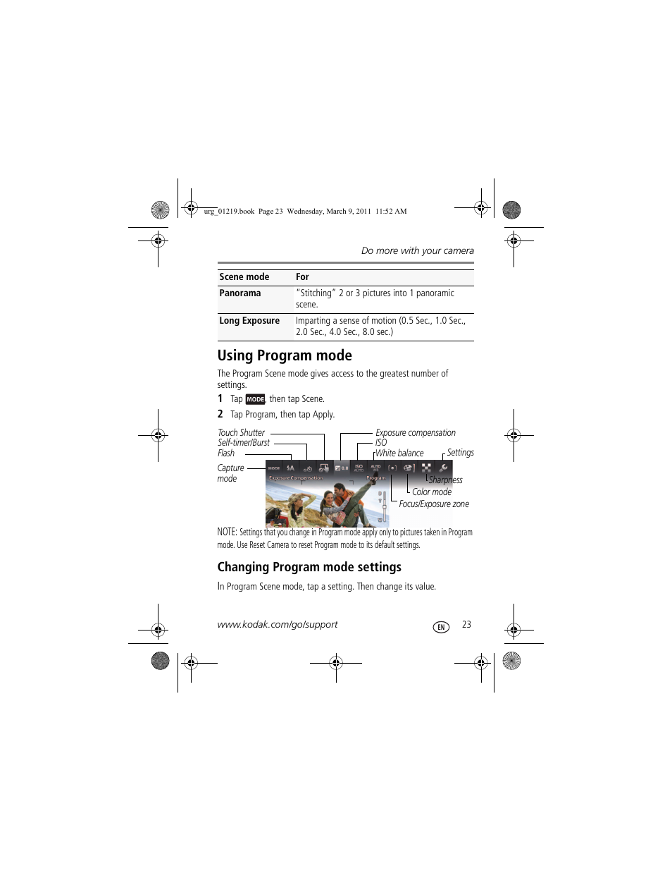 Using program mode, Changing program mode settings | Kodak TOUCH M577 User Manual | Page 23 / 28