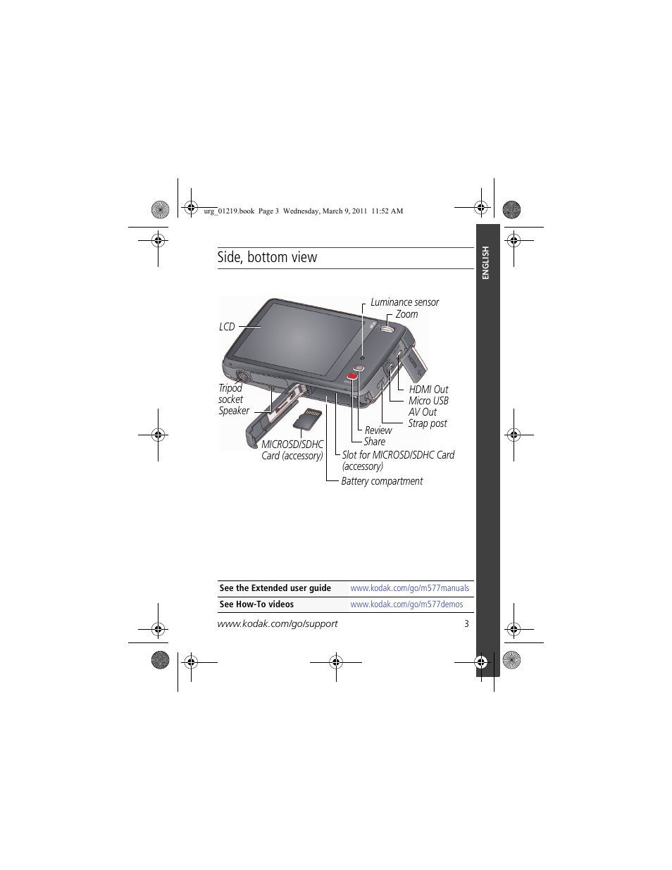 Side, bottom view | Kodak TOUCH M577 User Manual | Page 3 / 28