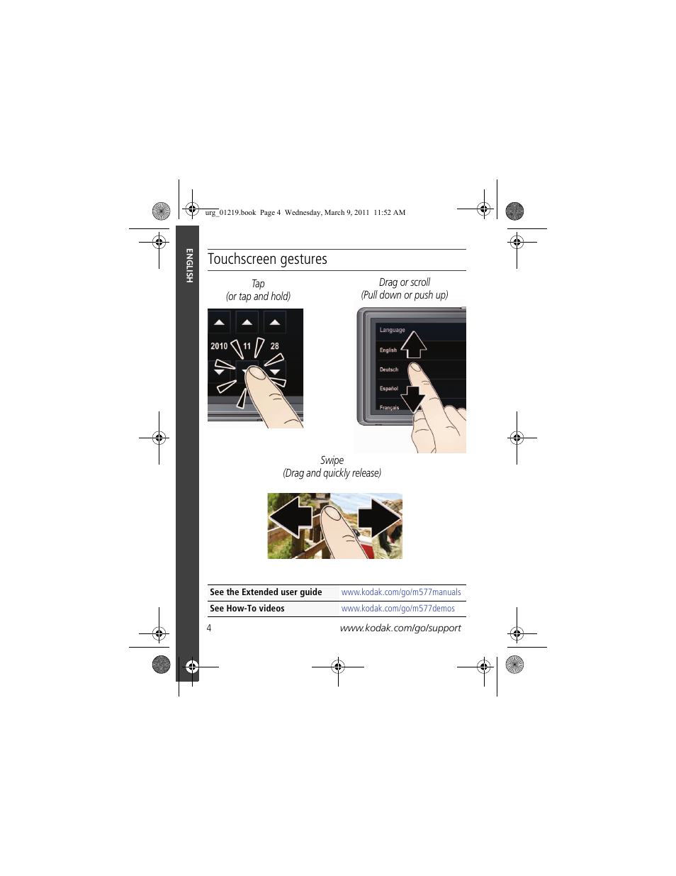 Touchscreen gestures | Kodak TOUCH M577 User Manual | Page 4 / 28