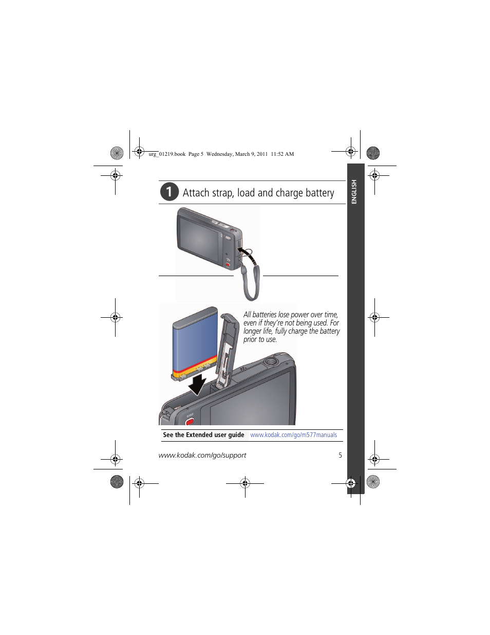 Get started with the m577 camera, Attach strap, load and charge battery | Kodak TOUCH M577 User Manual | Page 5 / 28