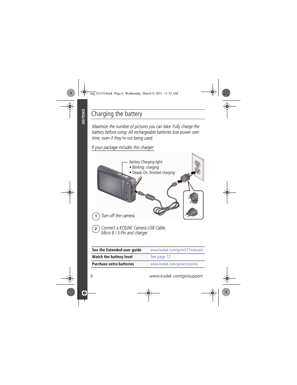 Charging the battery | Kodak TOUCH M577 User Manual | Page 6 / 28