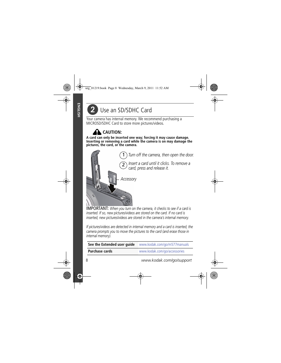 Use an sd/sdhc card | Kodak TOUCH M577 User Manual | Page 8 / 28