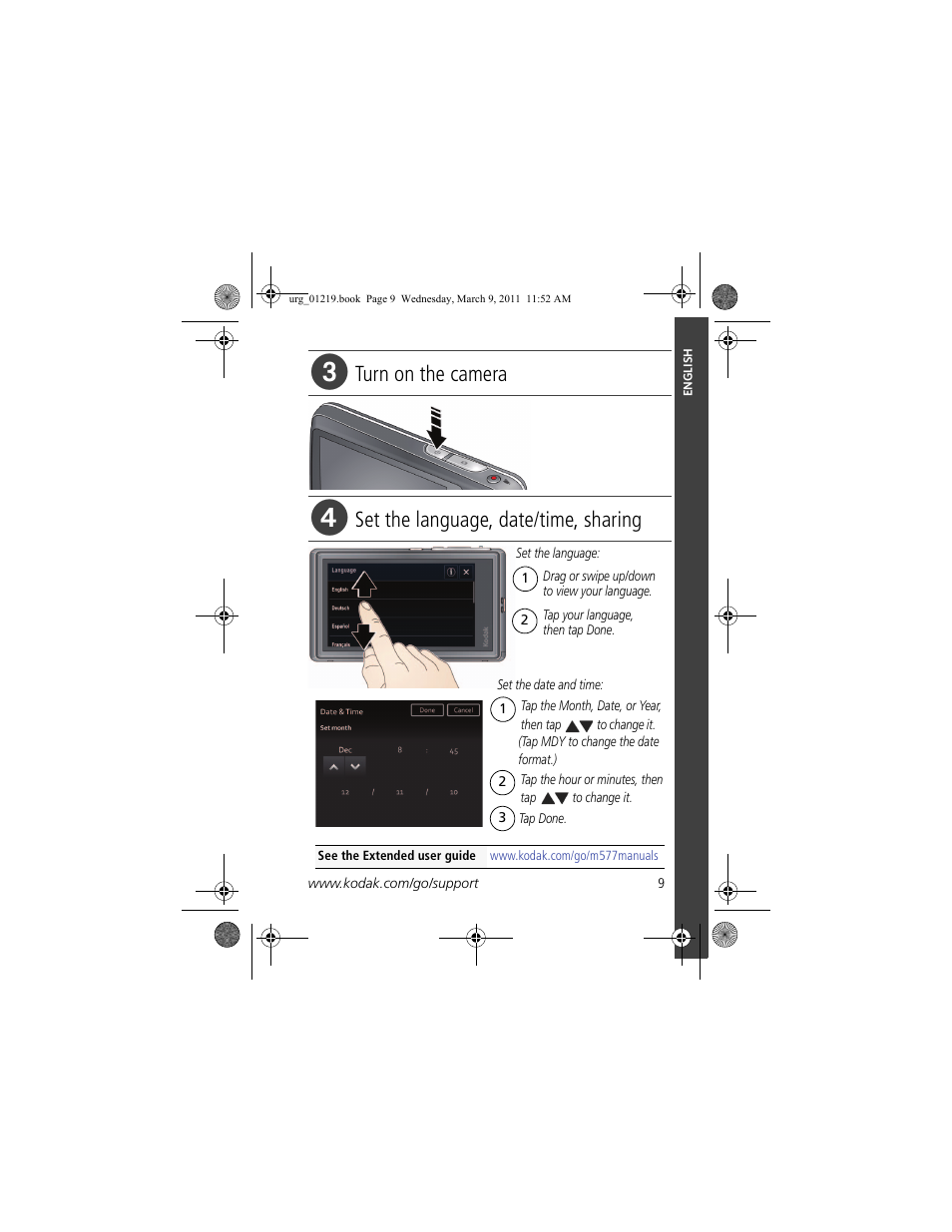 Turn on the camera, Set the language, date/time, sharing | Kodak TOUCH M577 User Manual | Page 9 / 28