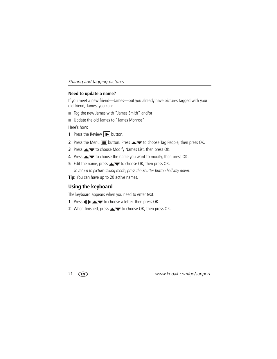 Need to update a name, Using the keyboard, Then pr | Kodak M22 User Manual | Page 28 / 68