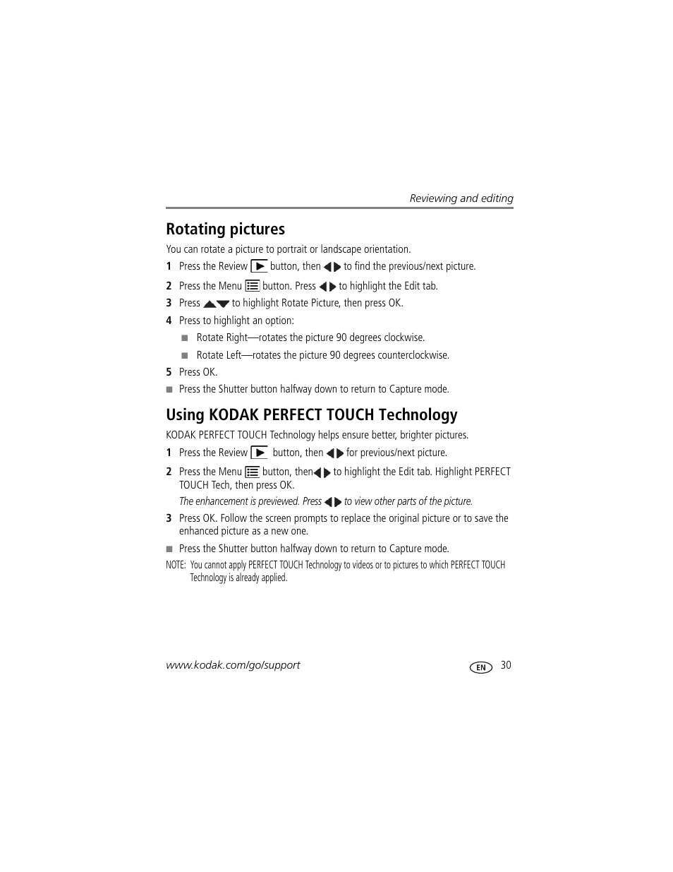 Rotating pictures, Using kodak perfect touch technology | Kodak M22 User Manual | Page 37 / 68