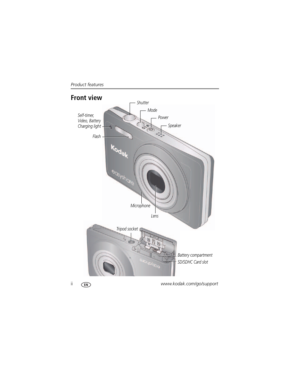 Product features, Front view | Kodak M22 User Manual | Page 4 / 68