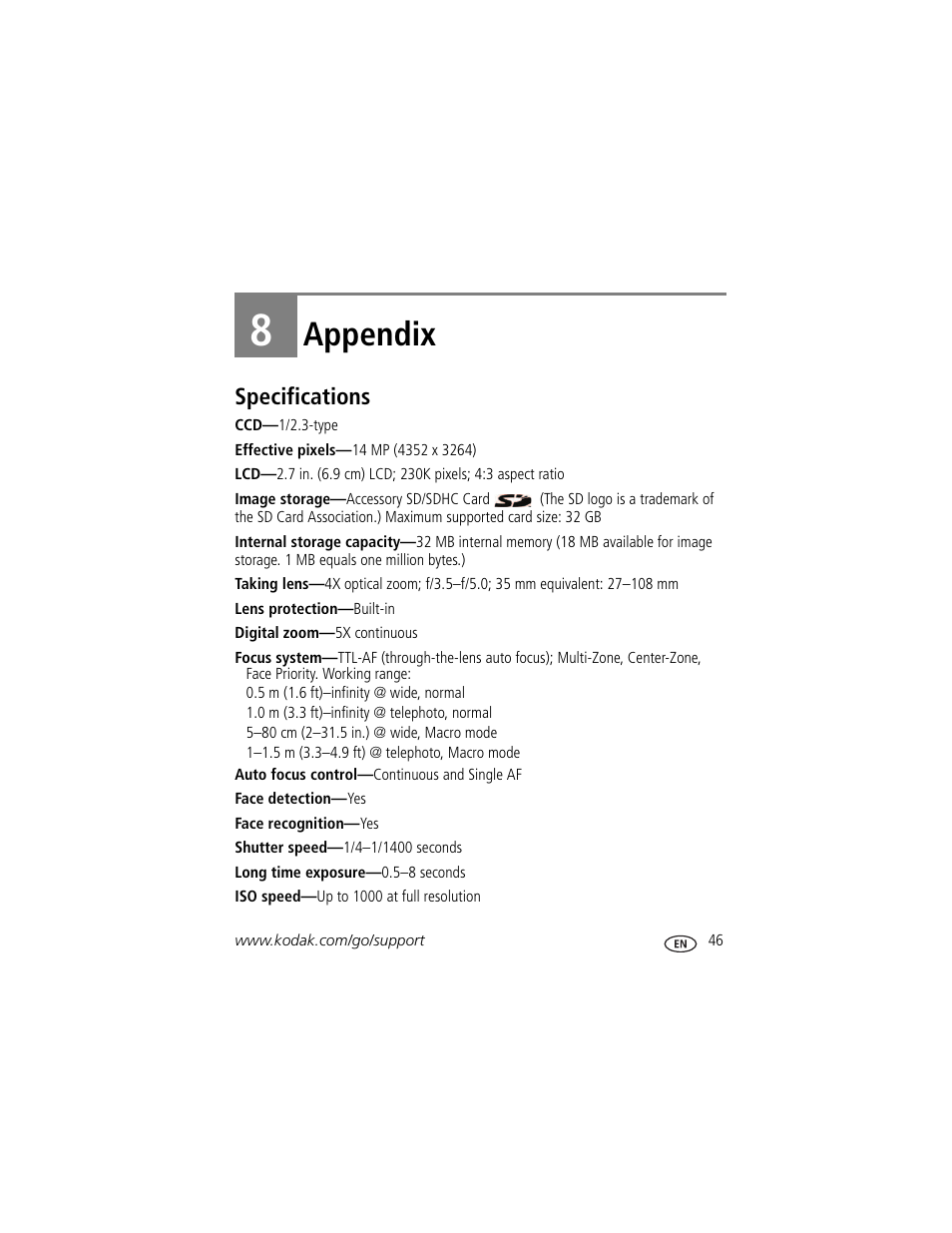 Appendix, Specifications, 8 appendix | Kodak M22 User Manual | Page 53 / 68